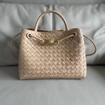 Woven Leather Tote Bag with Gold Rope Closure – Chic Structured Handbag - in Apricot | Arvea Bags