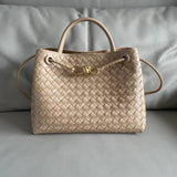 Woven Leather Tote Bag with Gold Rope Closure – Chic Structured Handbag - in Apricot | Arvea Bags
