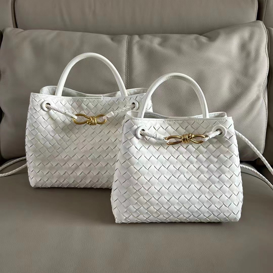 Woven Leather Tote Bag with Gold Rope Closure – Chic Structured Handbag - in White | Arvea Bags