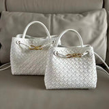 Woven Leather Tote Bag with Gold Rope Closure – Chic Structured Handbag - in White | Arvea Bags