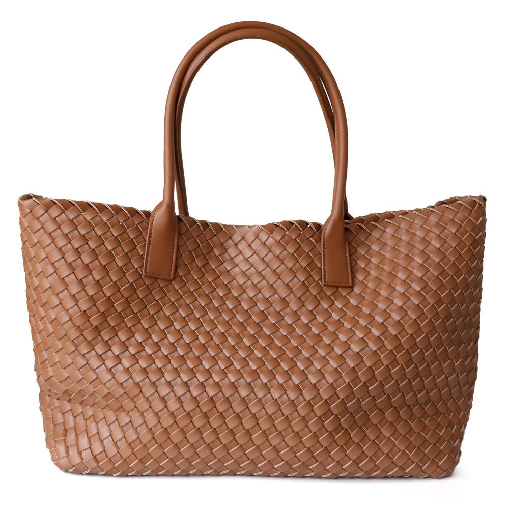 Woven Real Leather Tote Bag – Handcrafted Structured Shopper with Top Handles - in Light tan | Arvea Bags