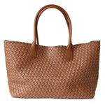 Woven Real Leather Tote Bag – Handcrafted Structured Shopper with Top Handles - in Light tan | Arvea Bags