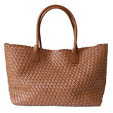 Woven Real Leather Tote Bag – Handcrafted Structured Shopper with Top Handles - in Light tan | Arvea Bags
