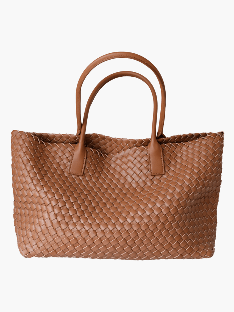 Woven Real Leather Tote Bag – Handcrafted Structured Shopper with Top Handles - in Light tan | Arvea Bags