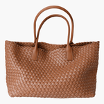 Woven Real Leather Tote Bag – Handcrafted Structured Shopper with Top Handles - in Light tan | Arvea Bags