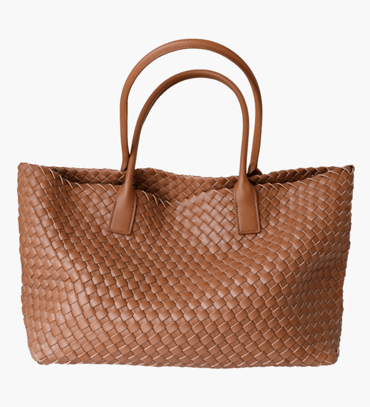 Woven Real Leather Tote Bag – Handcrafted Structured Shopper with Top Handles - in Light tan | Arvea Bags