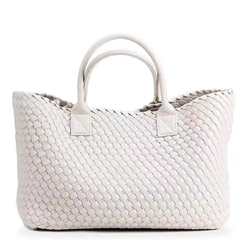 Woven Real Leather Tote Bag – Handcrafted Structured Shopper with Top Handles - in White | Arvea Bags