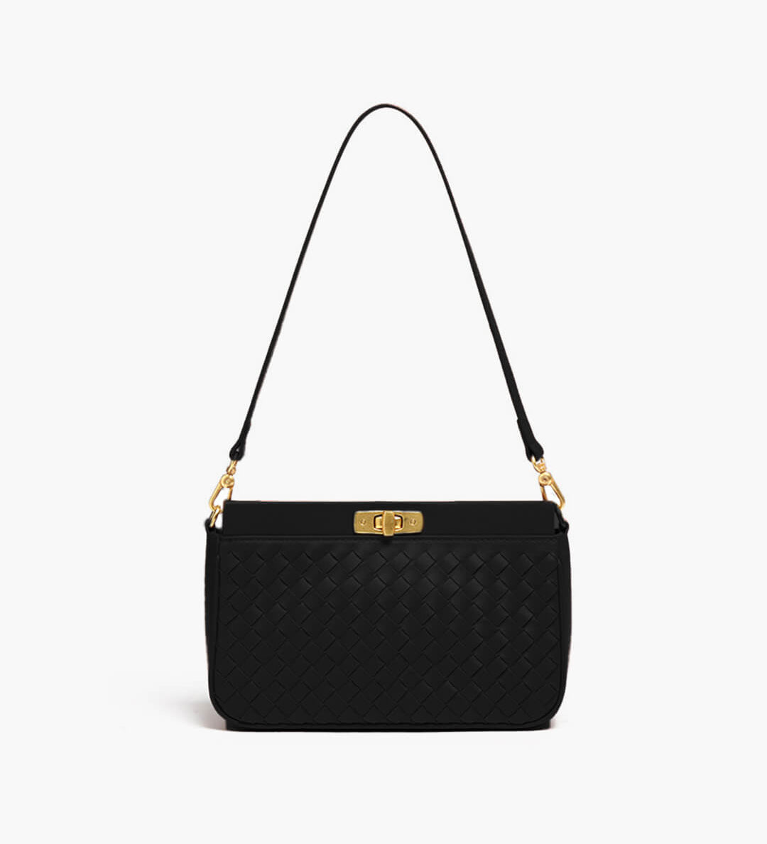 Woven Shoulder Bag with Buckle Closure – Elegant Vegan Leather Handbag - in Black | Arvea Bags