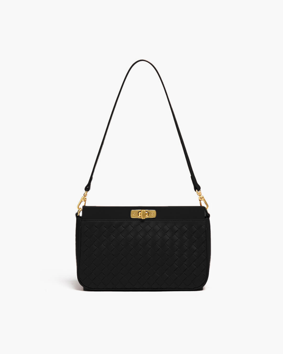 Woven Shoulder Bag with Buckle Closure – Elegant Vegan Leather Handbag - in Black | Arvea Bags