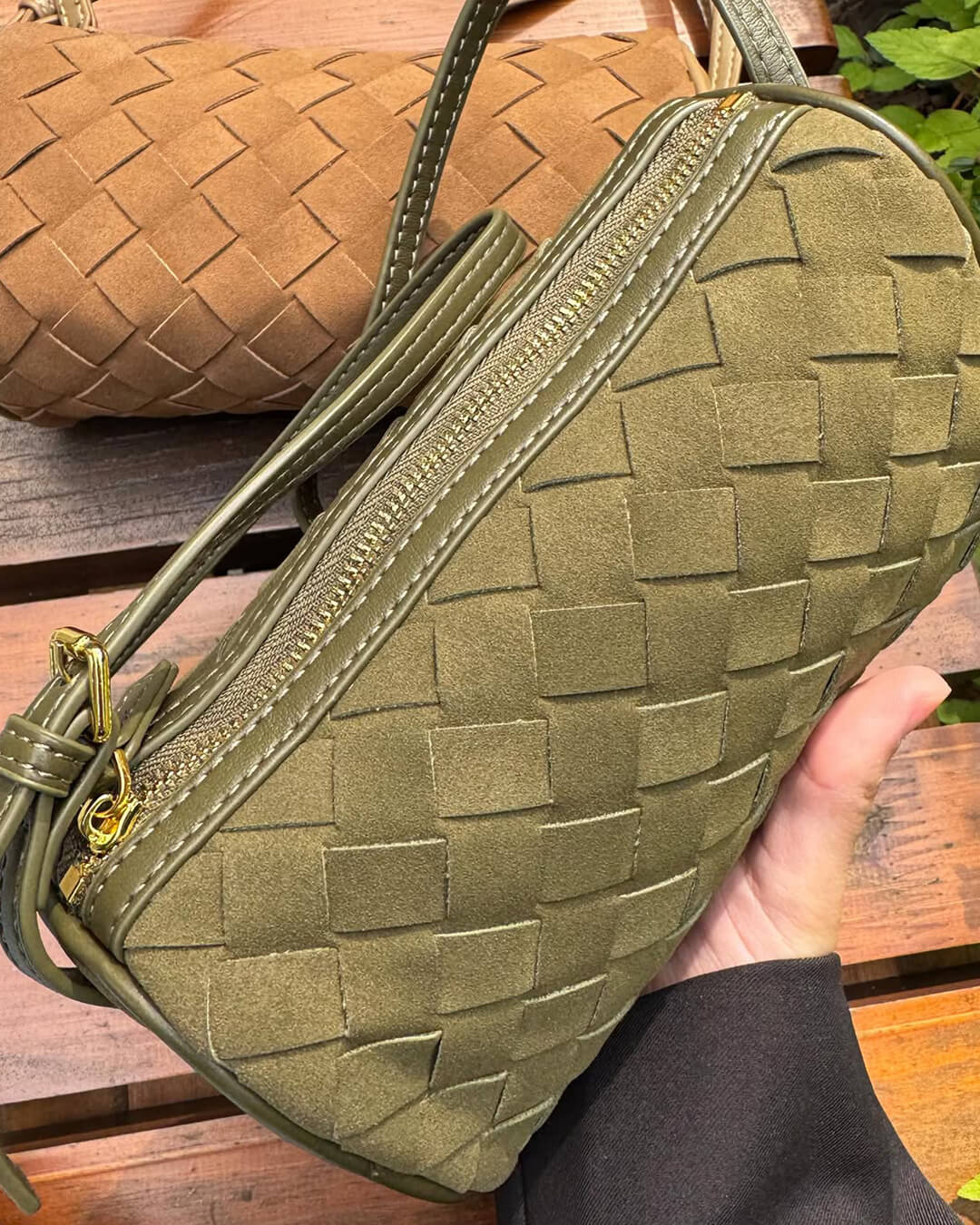 Woven Suede Shoulder Bag – Compact Everyday Handbag with Adjustable Strap - in Beige | Arvea Bags