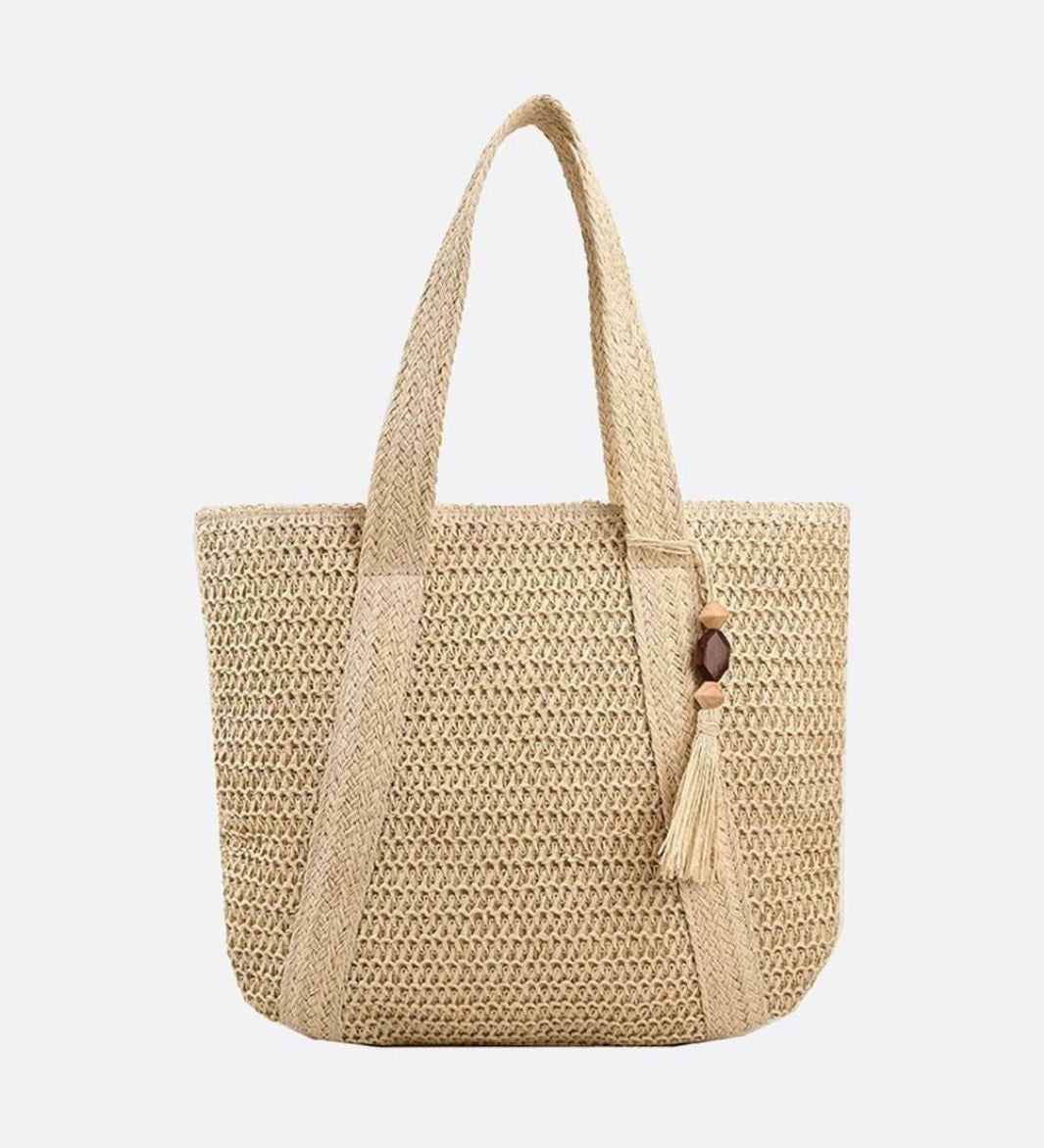 Woven Tote Bag with Tassel Detail – Casual Everyday Handbag - in Beige | Arvea Bags