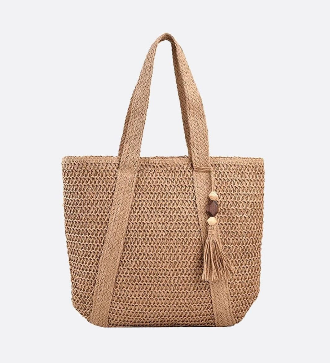 Woven Tote Bag with Tassel Detail – Casual Everyday Handbag - in Light Brown | Arvea Bags