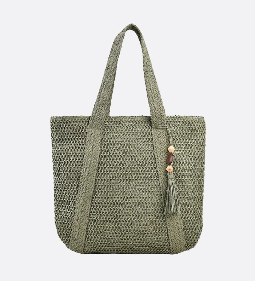Woven Tote Bag with Tassel Detail – Casual Everyday Handbag - in Sage Green | Arvea Bags