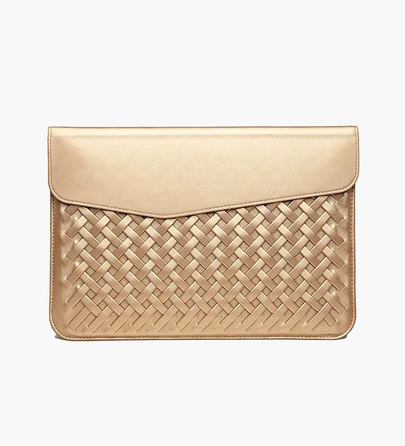 Woven Vegan Leather Laptop Bag – Elegant Work Tote with Detachable Strap - in Gold | Arvea Bags