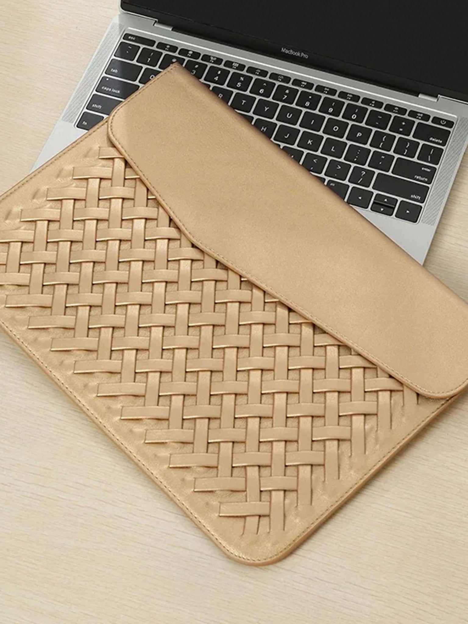Woven Vegan Leather Laptop Bag – Elegant Work Tote with Detachable Strap - in Gold | Arvea Bags