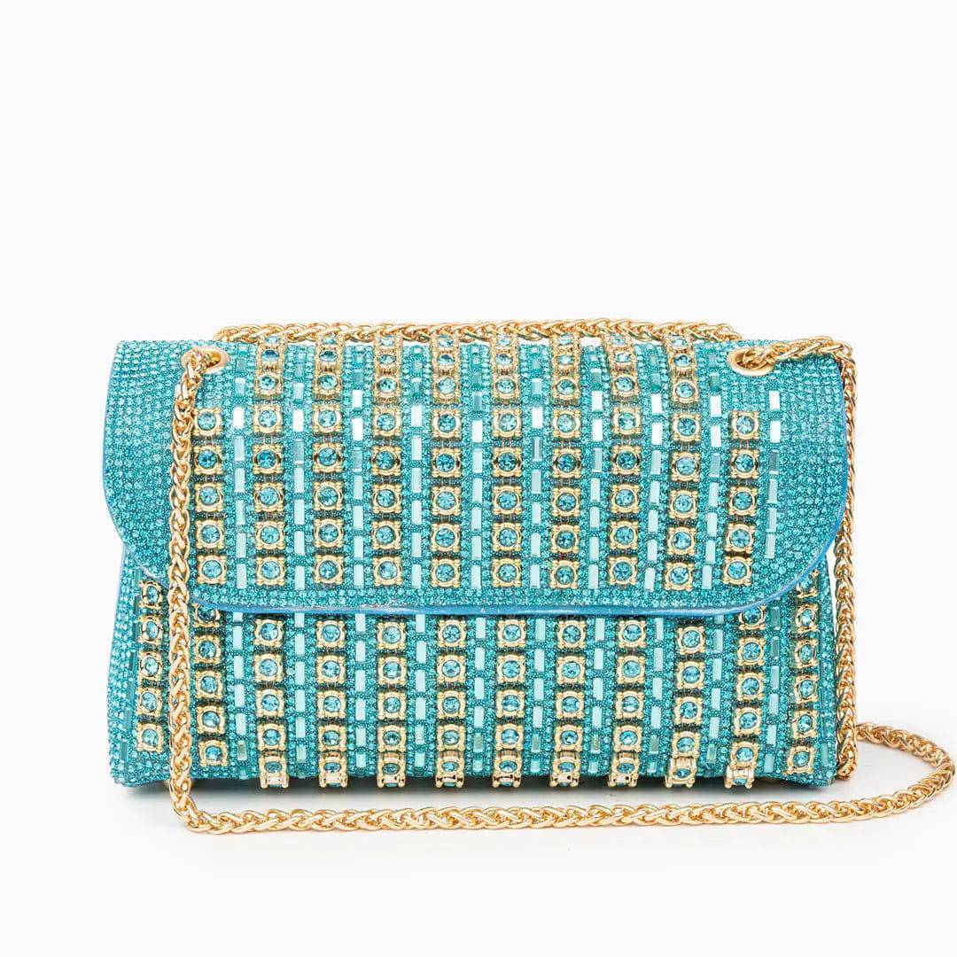 Xandelle | Turquoise Crystal Embellished Shoulder Bag – Vibrant Glamour - in Baby blue | Arvea Bags