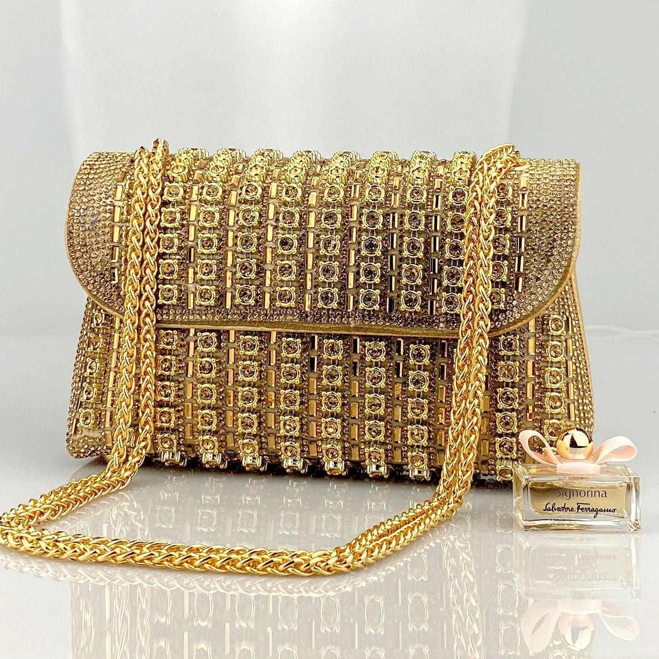 Xandelle | Turquoise Crystal Embellished Shoulder Bag – Vibrant Glamour - in Gold | Arvea Bags