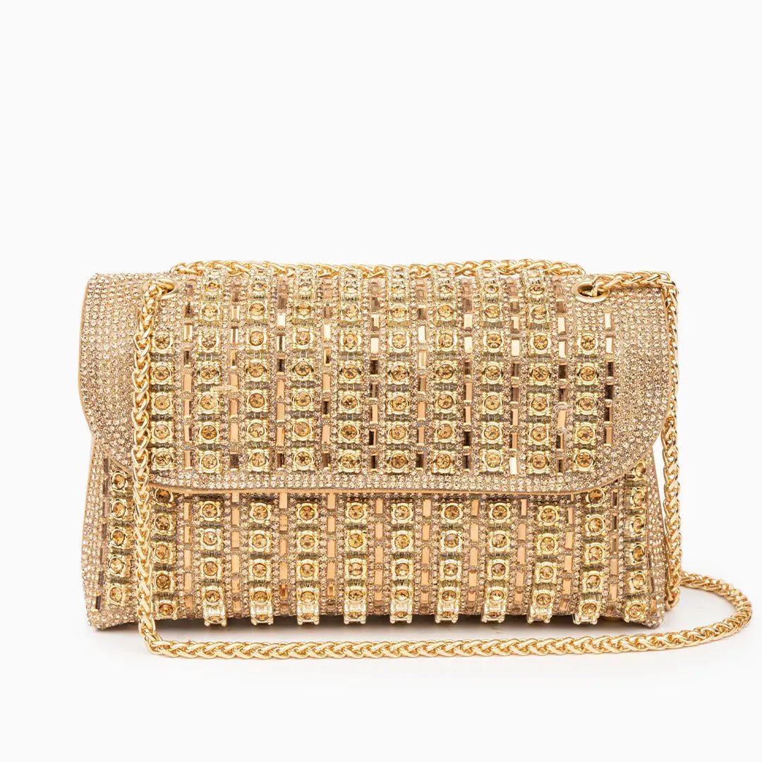 Xandelle | Turquoise Crystal Embellished Shoulder Bag – Vibrant Glamour - in Gold | Arvea Bags
