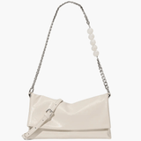 Xelara | Pearl & Chain Accent Foldover Shoulder Bag – Minimalist Elegance - in Beige | Arvea Bags