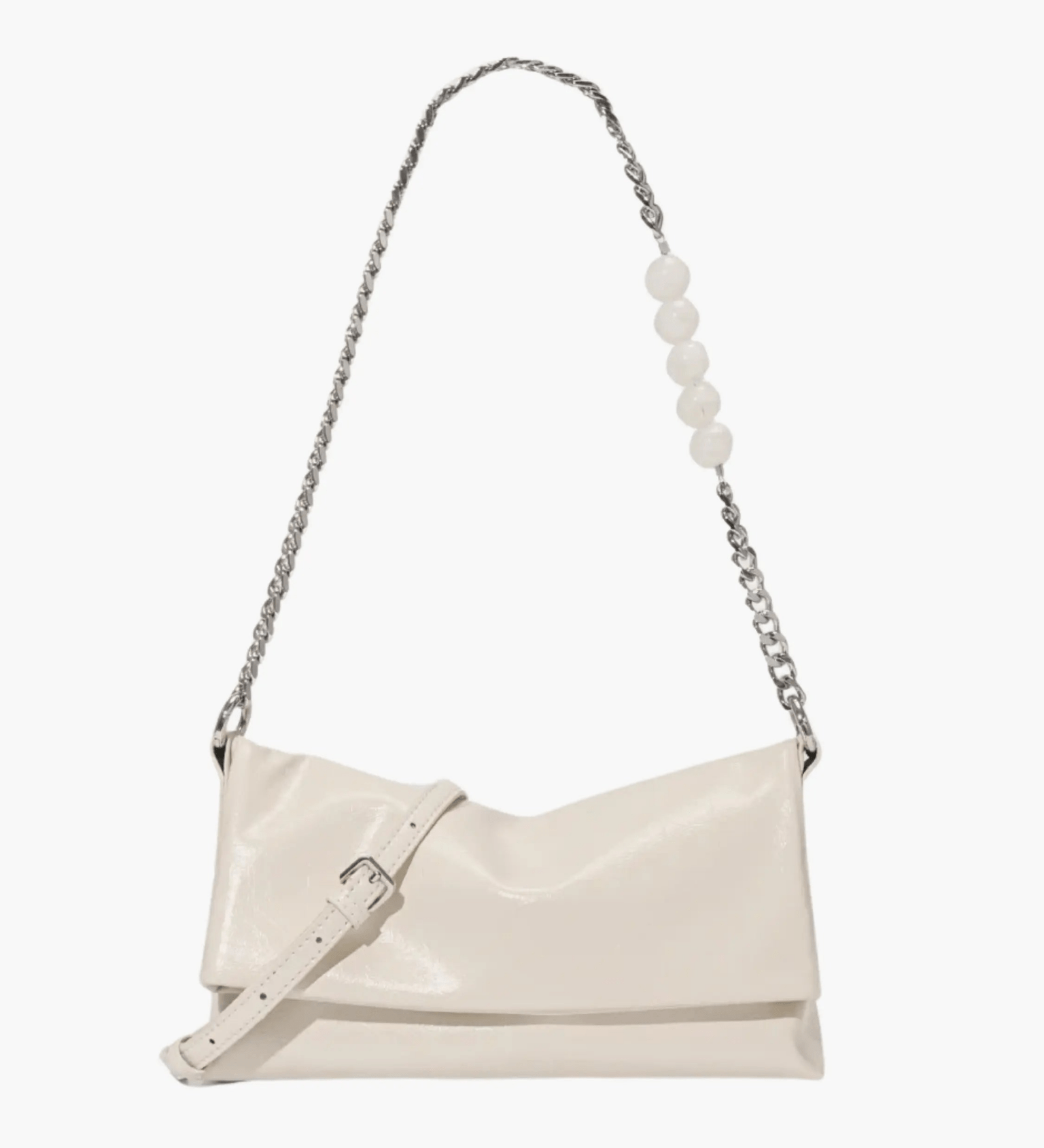 Xelara | Pearl & Chain Accent Foldover Shoulder Bag – Minimalist Elegance - in Beige | Arvea Bags