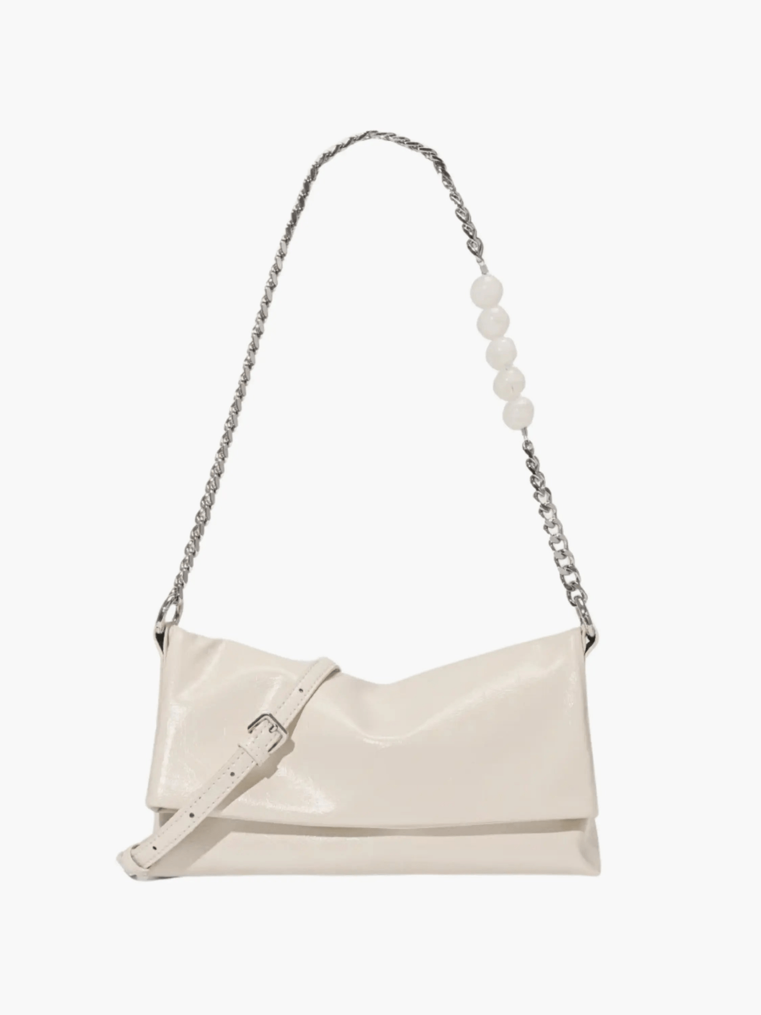 Xelara | Pearl & Chain Accent Foldover Shoulder Bag – Minimalist Elegance - in Beige | Arvea Bags