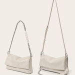 Xelara | Pearl & Chain Accent Foldover Shoulder Bag – Minimalist Elegance - in Black | Arvea Bags