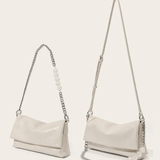 Xelara | Pearl & Chain Accent Foldover Shoulder Bag – Minimalist Elegance - in Black | Arvea Bags