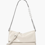 Xelara | Pearl & Chain Accent Foldover Shoulder Bag – Minimalist Elegance - in Black | Arvea Bags