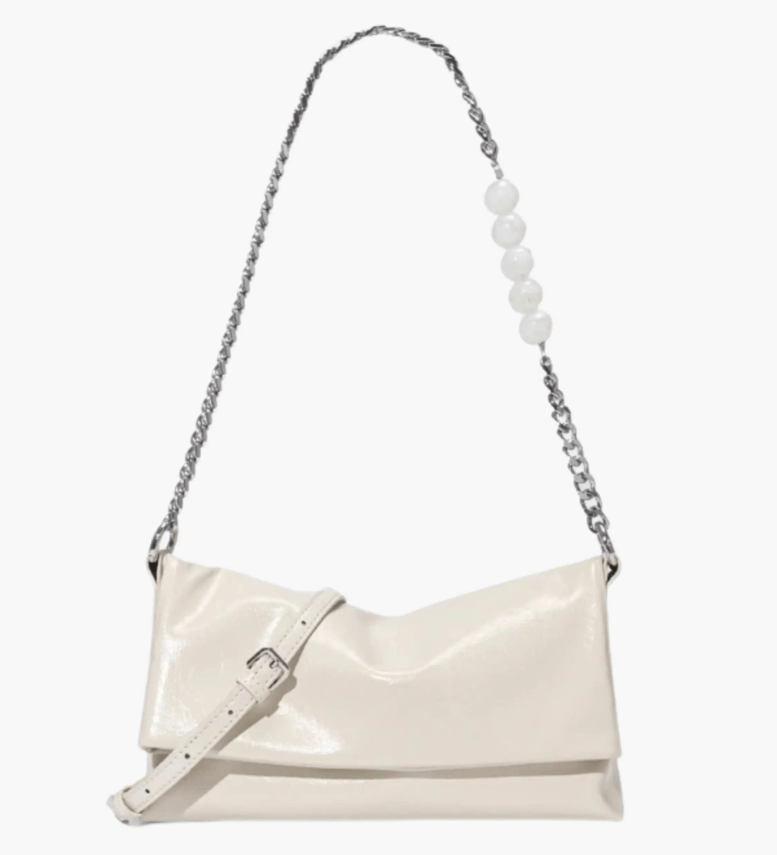 Xelara | Pearl & Chain Accent Foldover Shoulder Bag – Minimalist Elegance - in Black | Arvea Bags