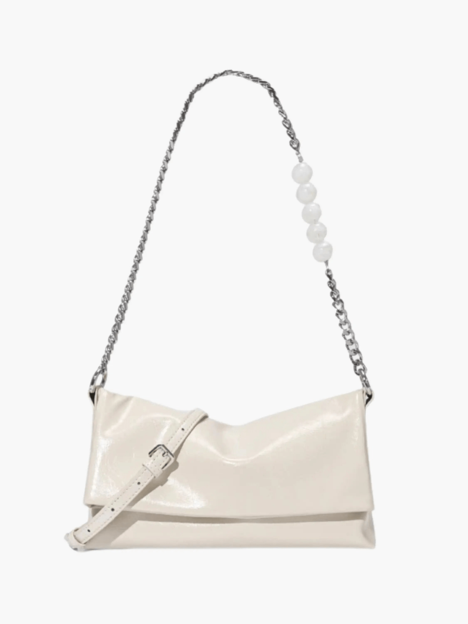 Xelara | Pearl & Chain Accent Foldover Shoulder Bag – Minimalist Elegance - in Black | Arvea Bags
