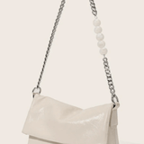 Xelara | Pearl & Chain Accent Foldover Shoulder Bag – Minimalist Elegance - in Black | Arvea Bags