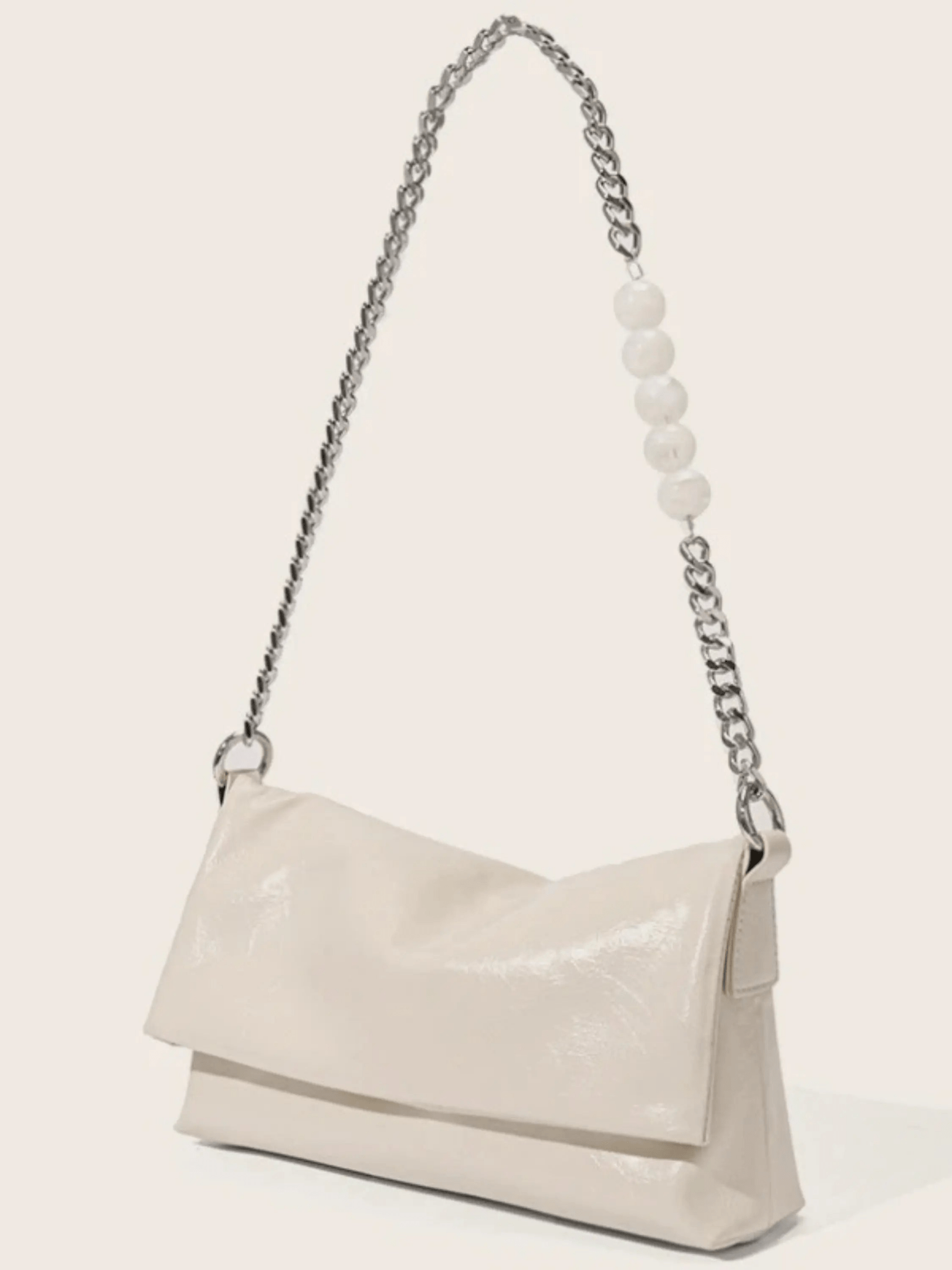 Xelara | Pearl & Chain Accent Foldover Shoulder Bag – Minimalist Elegance - in Black | Arvea Bags