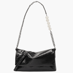 Xelara | Pearl & Chain Accent Foldover Shoulder Bag – Minimalist Elegance - in Black | Arvea Bags
