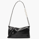 Xelara | Pearl & Chain Accent Foldover Shoulder Bag – Minimalist Elegance - in Black | Arvea Bags
