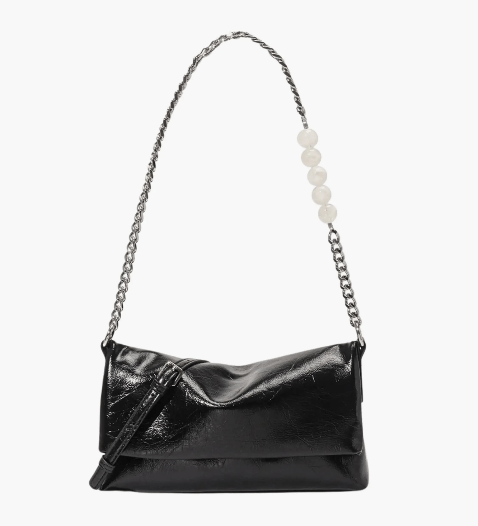 Xelara | Pearl & Chain Accent Foldover Shoulder Bag – Minimalist Elegance - in Black | Arvea Bags