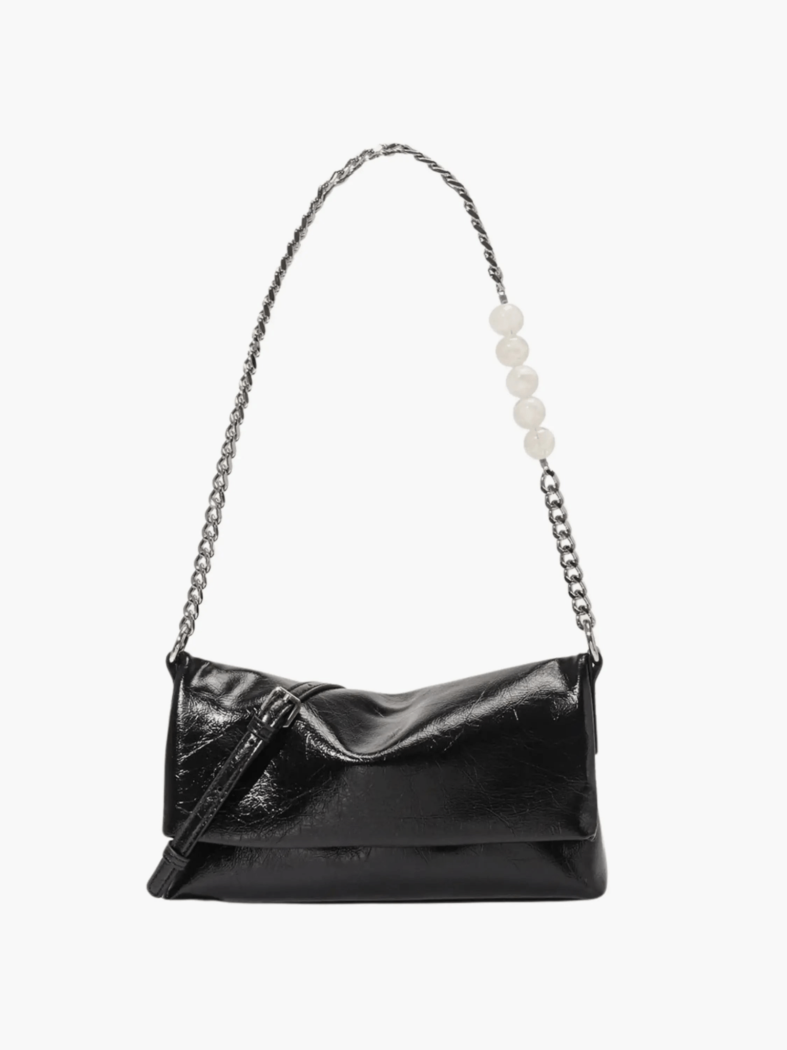 Xelara | Pearl & Chain Accent Foldover Shoulder Bag – Minimalist Elegance - in Black | Arvea Bags