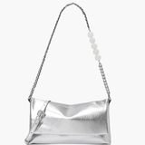 Xelara | Pearl & Chain Accent Foldover Shoulder Bag – Minimalist Elegance - in Silver | Arvea Bags