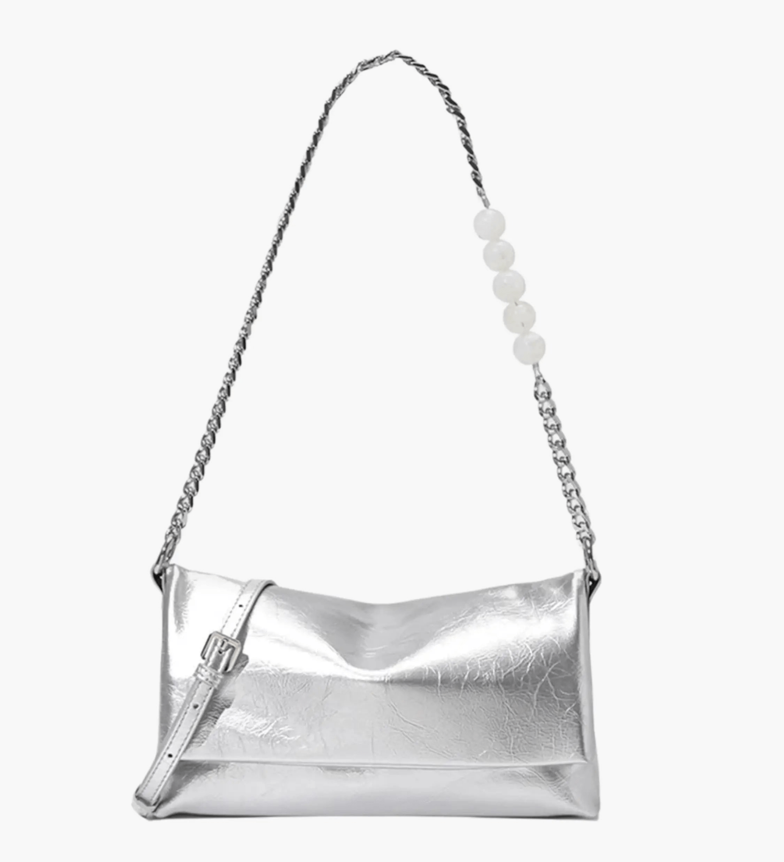 Xelara | Pearl & Chain Accent Foldover Shoulder Bag – Minimalist Elegance - in Silver | Arvea Bags
