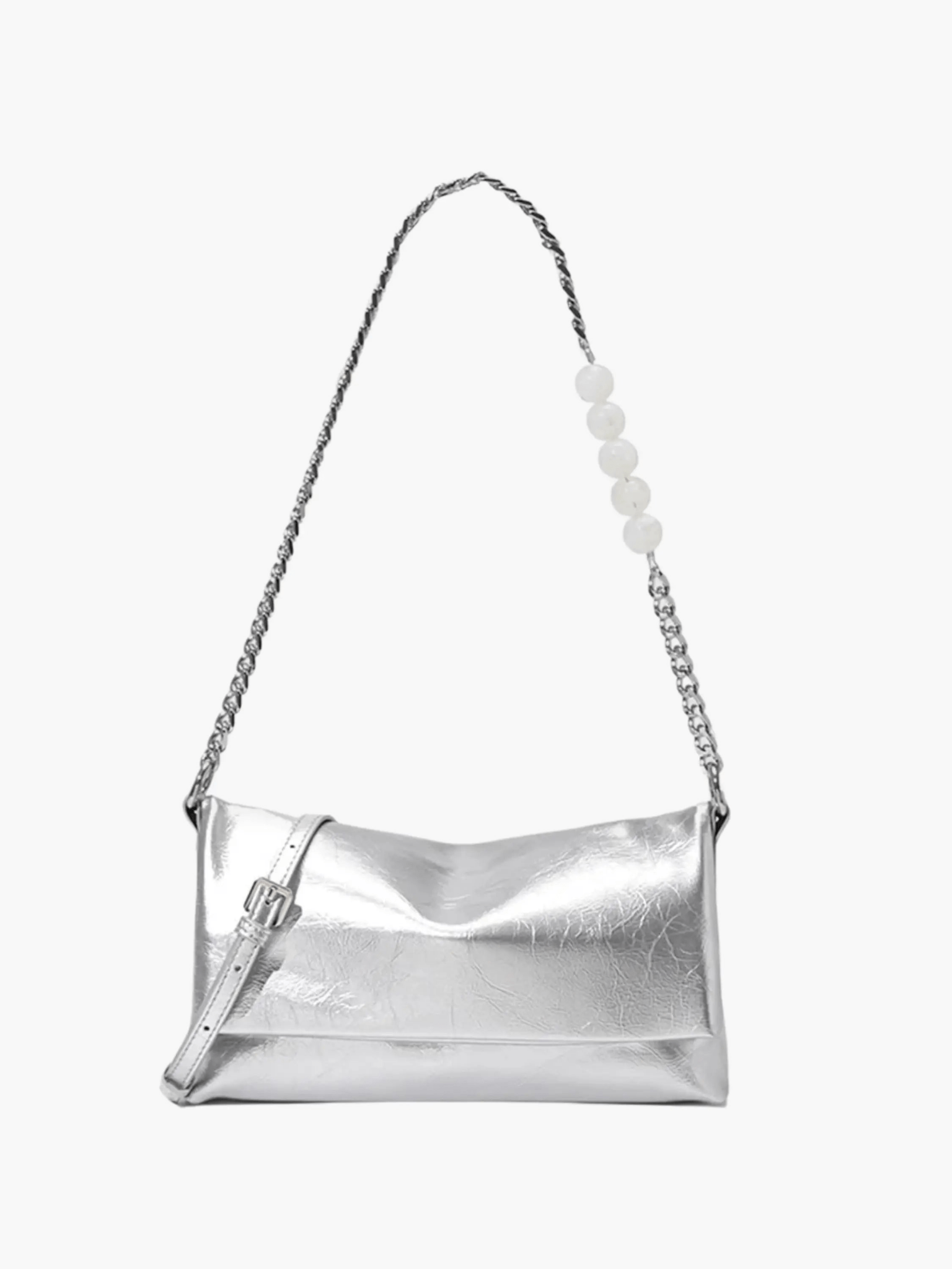 Xelara | Pearl & Chain Accent Foldover Shoulder Bag – Minimalist Elegance - in Silver | Arvea Bags