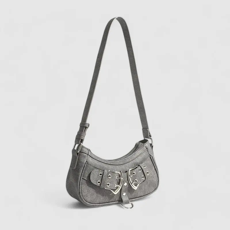 Zara | Grey Buckle Accent Shoulder Bag – Edgy & Chic - in Grey | Arvea Bags