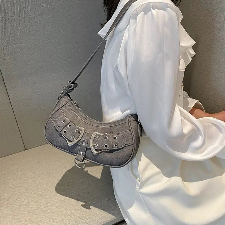 Zara | Grey Buckle Accent Shoulder Bag – Edgy & Chic - in Grey | Arvea Bags