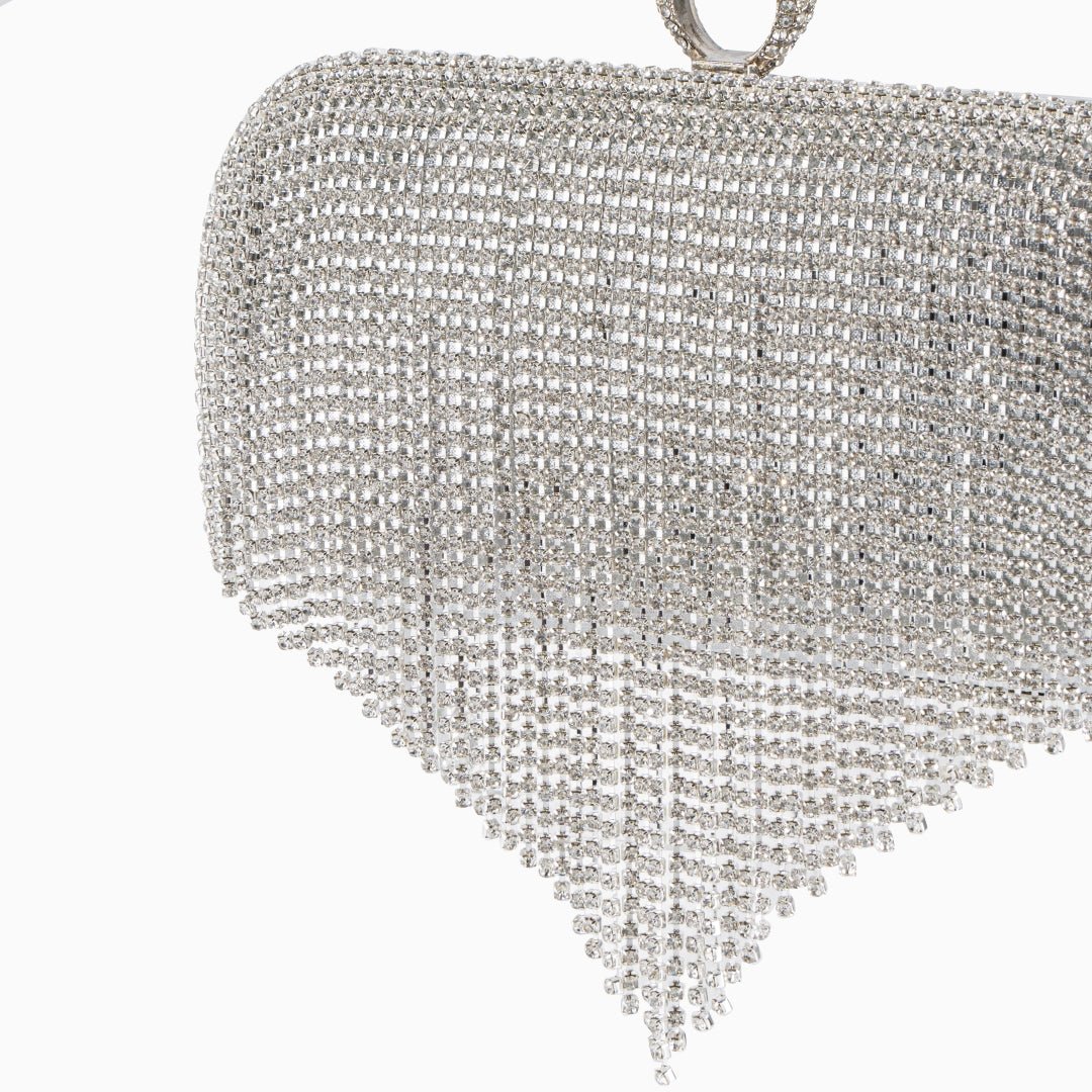 Zephyra | Glamorous Crystal Fringe Clutch – Dazzling & Elegant Statement Piece - in Silver | Arvea Bags