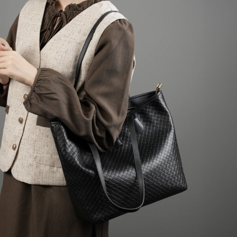 Zyphera | Black Woven Leather Tote Bag – Elegant & Spacious - in Black | Arvea Bags