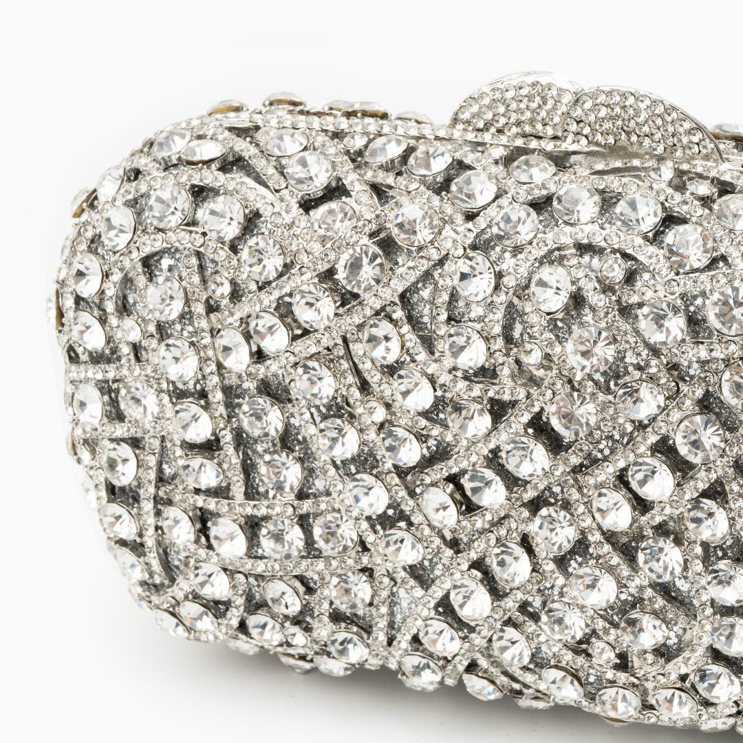Zyrene | Crystal Embellished Silver Evening Clutch – Radiant Luxury - in Silver | Arvea Bags