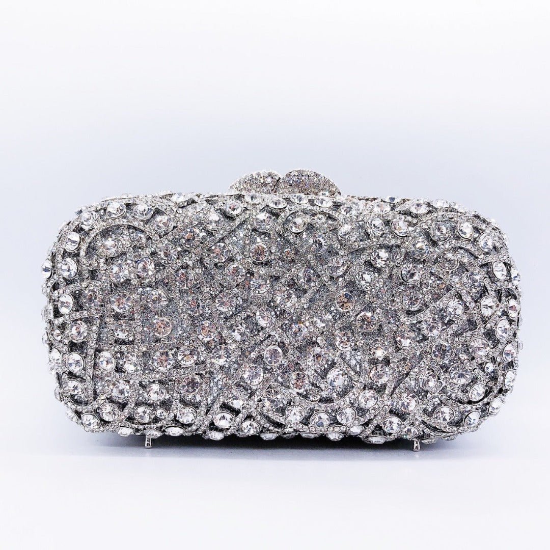 Zyrene | Crystal Embellished Silver Evening Clutch – Radiant Luxury - in Silver | Arvea Bags