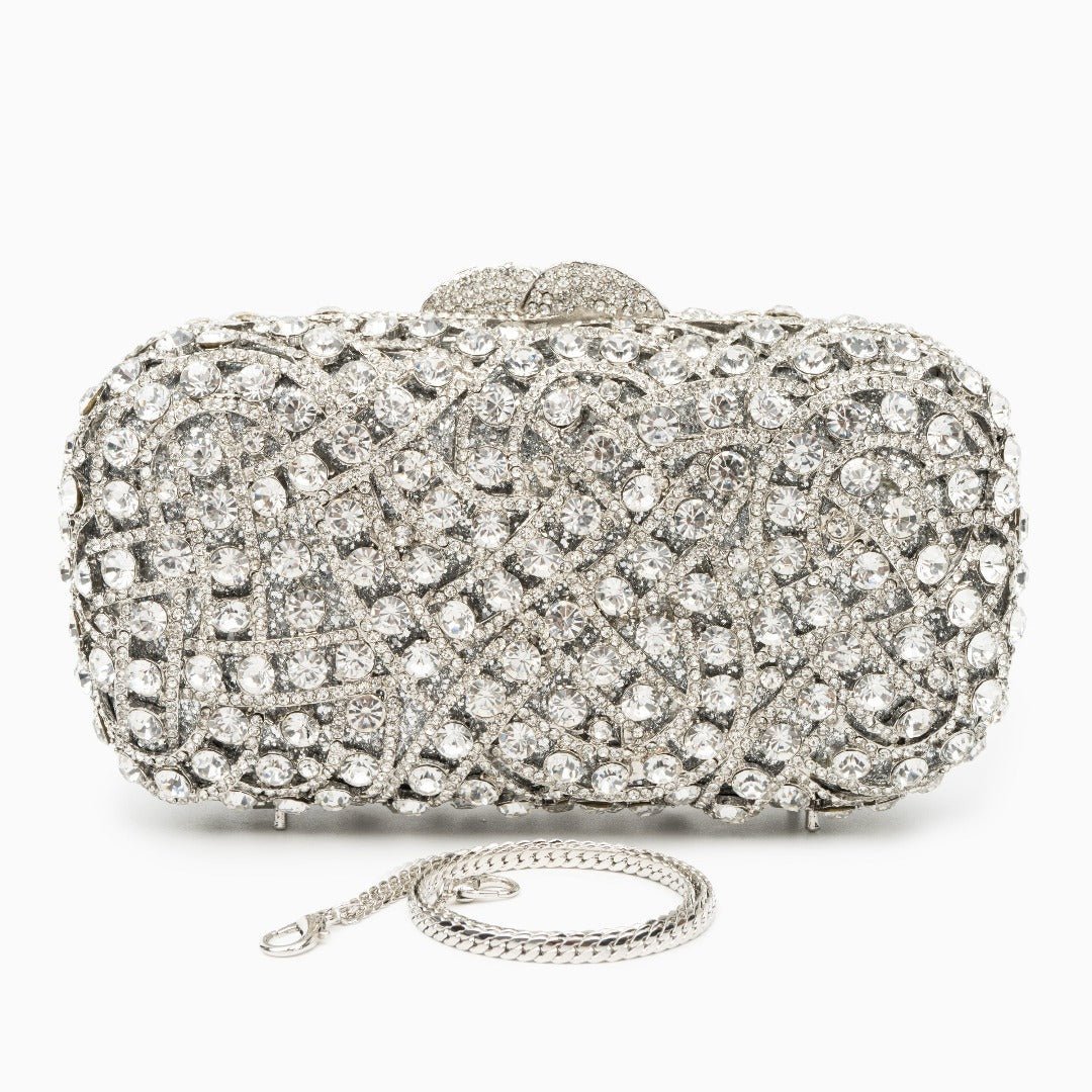 Zyrene | Crystal Embellished Silver Evening Clutch – Radiant Luxury - in Silver | Arvea Bags